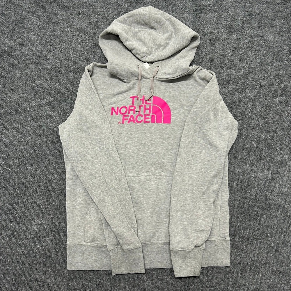 The North Face Hoodie Womens Size Medium Gray Pink Logo Pullover Sweatshirt